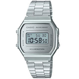 Ρολόι χρονογράφος Casio Vintage A-168WEM-7EF με ασημί ατσάλινο μπρασελέ, ασημί καντράν σε τετράγωνο σχημα με ψηφιακή ένδειξη και στεγανότητα 3ATM-30Μ.