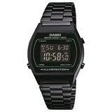 Ρολόι χρονογράφος Casio Vintage B640WB-1BEF με μαύρο ατσάλινο μπρασελέ, μαύρο καντράν σε τετράγωνο σχημα με ψηφιακή ένδειξη και στεγανότητα 5ATM-50Μ.