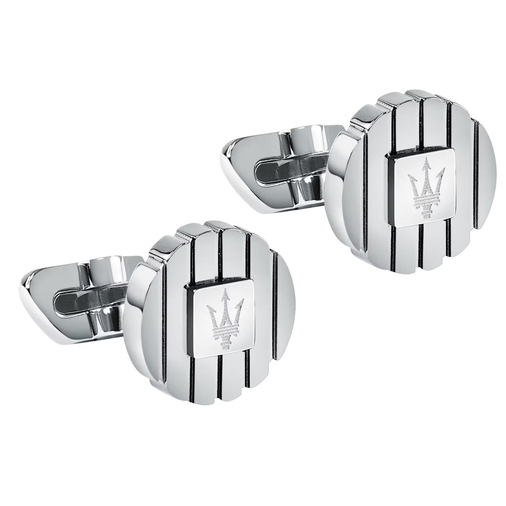 Ανδρικά στρογγυλά μανικετόκουμπα Maserati Ιconic JM5249JD01 σε ασημί χρώμα από ανοξείδωτο ατσάλι με ασημένια τρίαινα.
