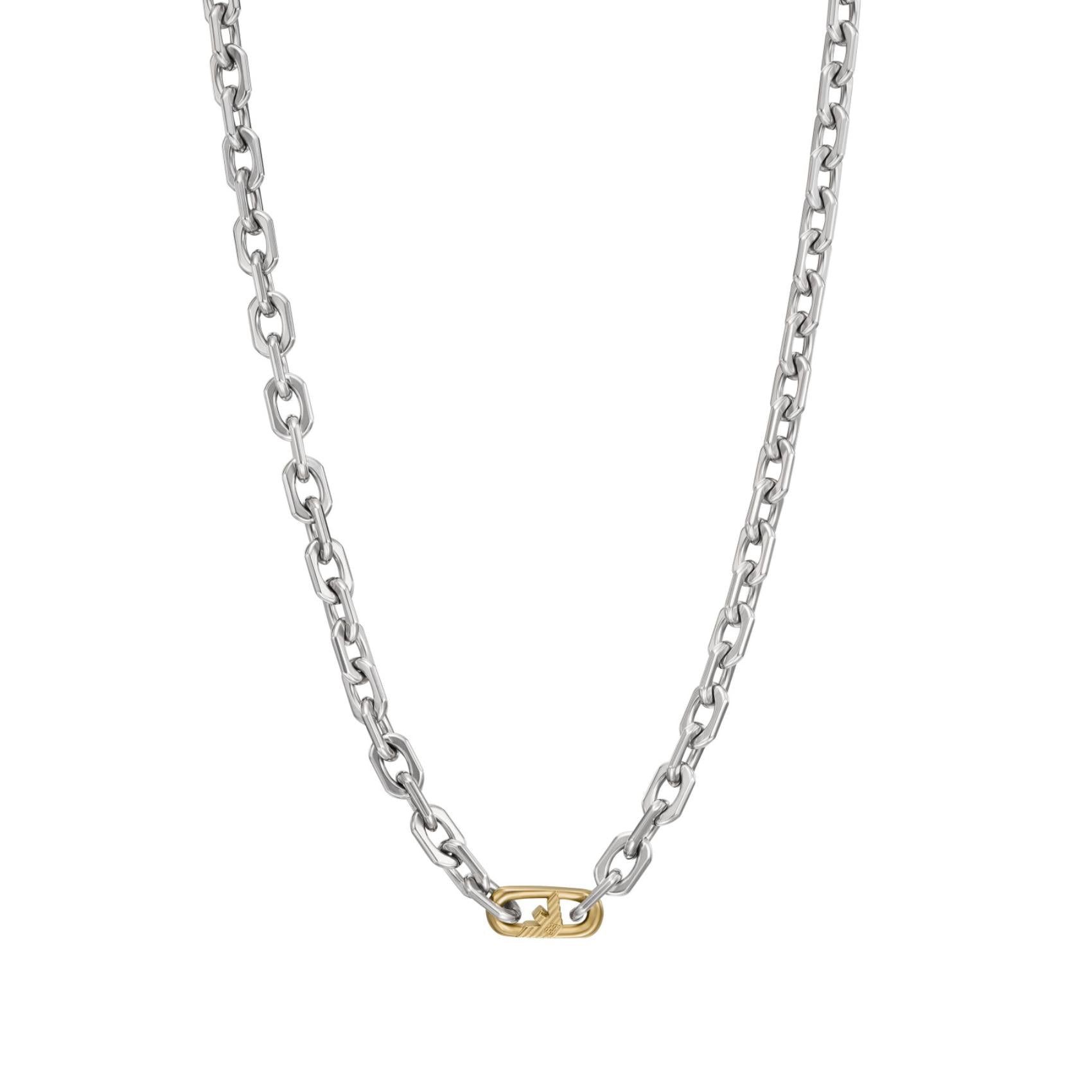 Ανδρικό ασημί κολιέ με ατσάλινη αλυσίδα Emporio Armani EGS3147040 σε ασημί χρώμα με χρυσό κούμπωμα αλυσίδα κρίκο-κρίκο.