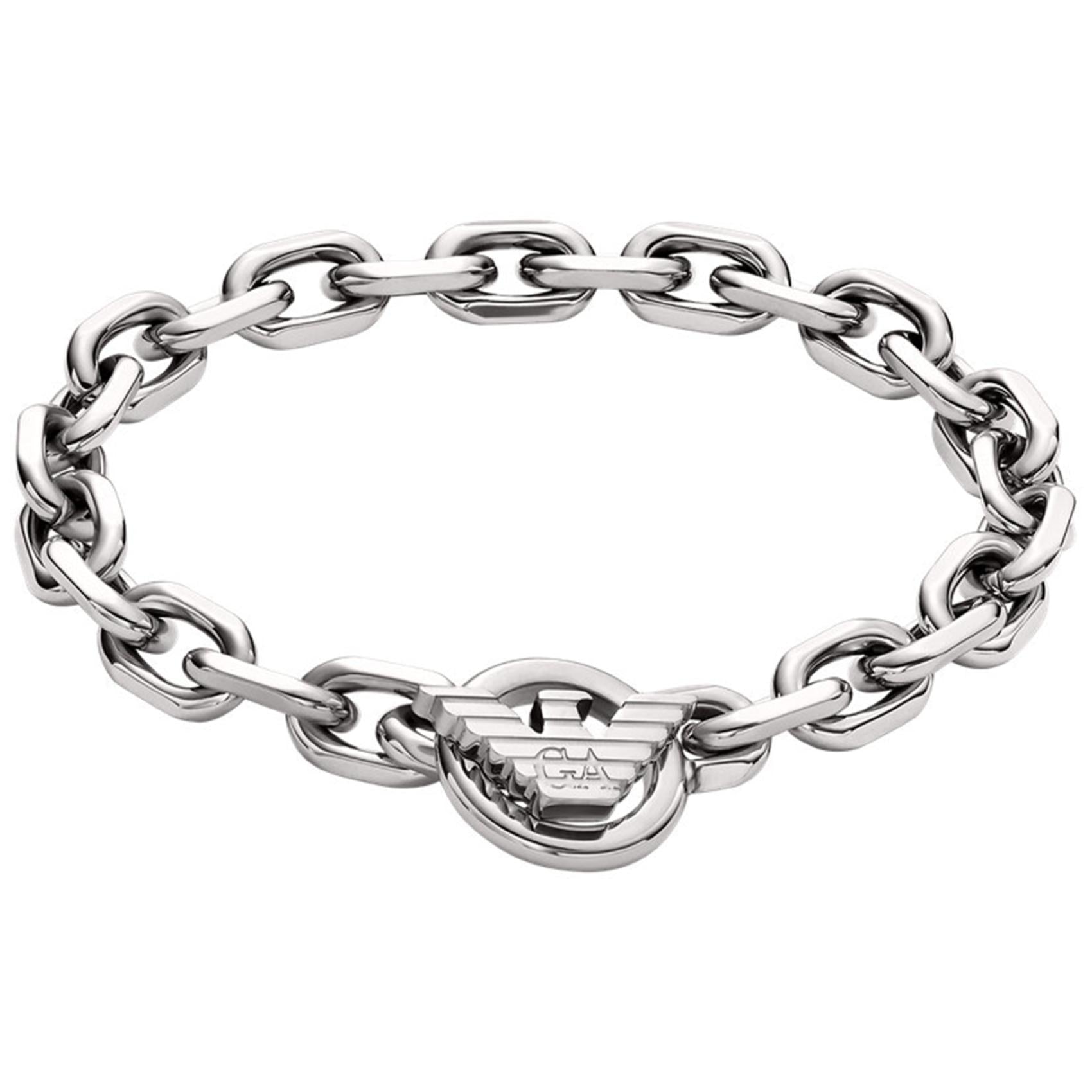 Ανδρικό βραχιόλι Emporio Armani EGS3236040 από ανοξείδωτο ατσάλι ασημί με σχέδιο μπρασελέ κρίκο-κρίκο και στρογγυλό κούμπωμα.