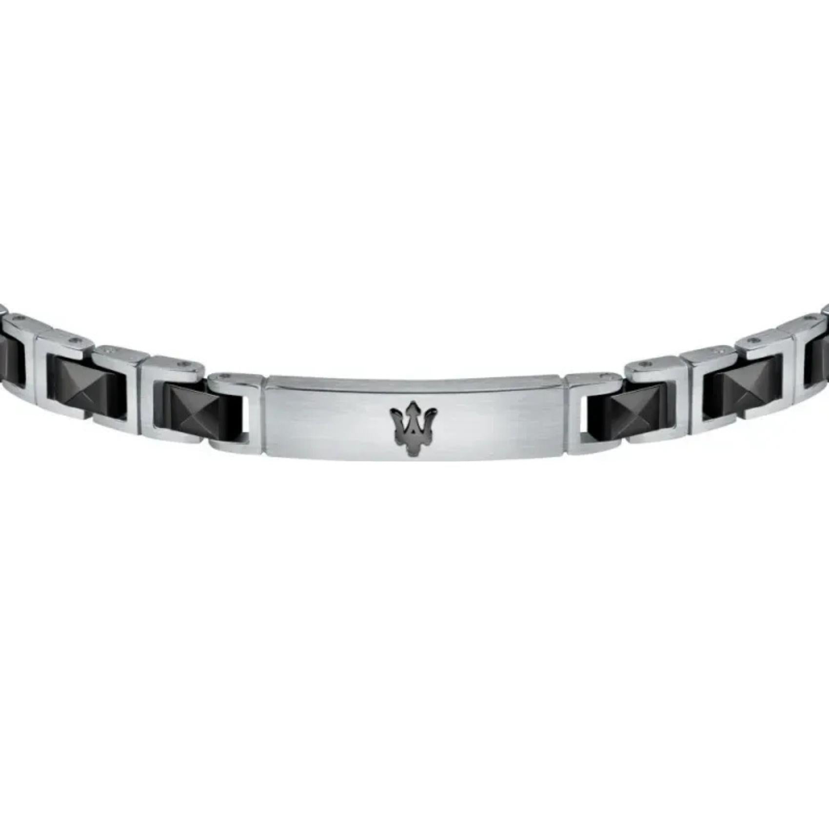 Ανδρικό βραχιόλι Maserati JM420ATI06 από ανοξείδωτο ατσάλι, με ασημί-μαύρο μπρασελέ και μαύρο μαύρη τρίαινα.