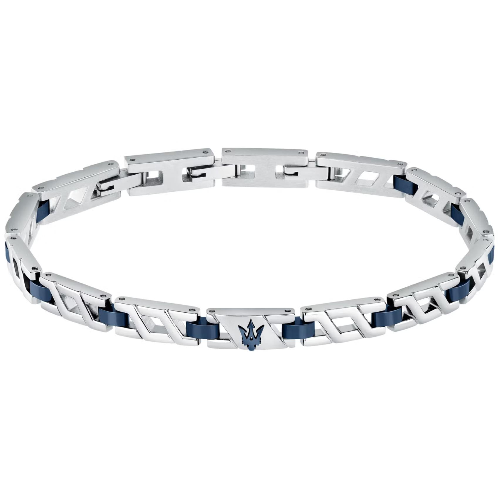 Ανδρικό βραχιόλι Maserati JM124AVD39 ατσάλινο δίχρωμο σε ασημί-μπλε χρώμα και μπλε τρίαινα.