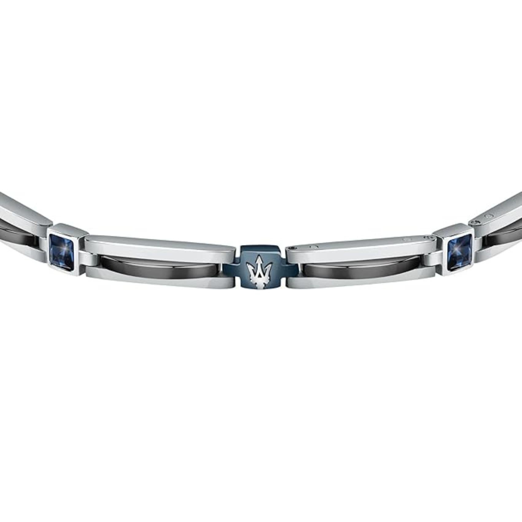 Ανδρικό βραχιόλι Maserati JM223ATZ20 από ανοξείδωτο ατσάλι, με ασημί-ανθρακί μπρασελέ, μπλε σκούρο στοιχείο και μπλε ζιργκόν.