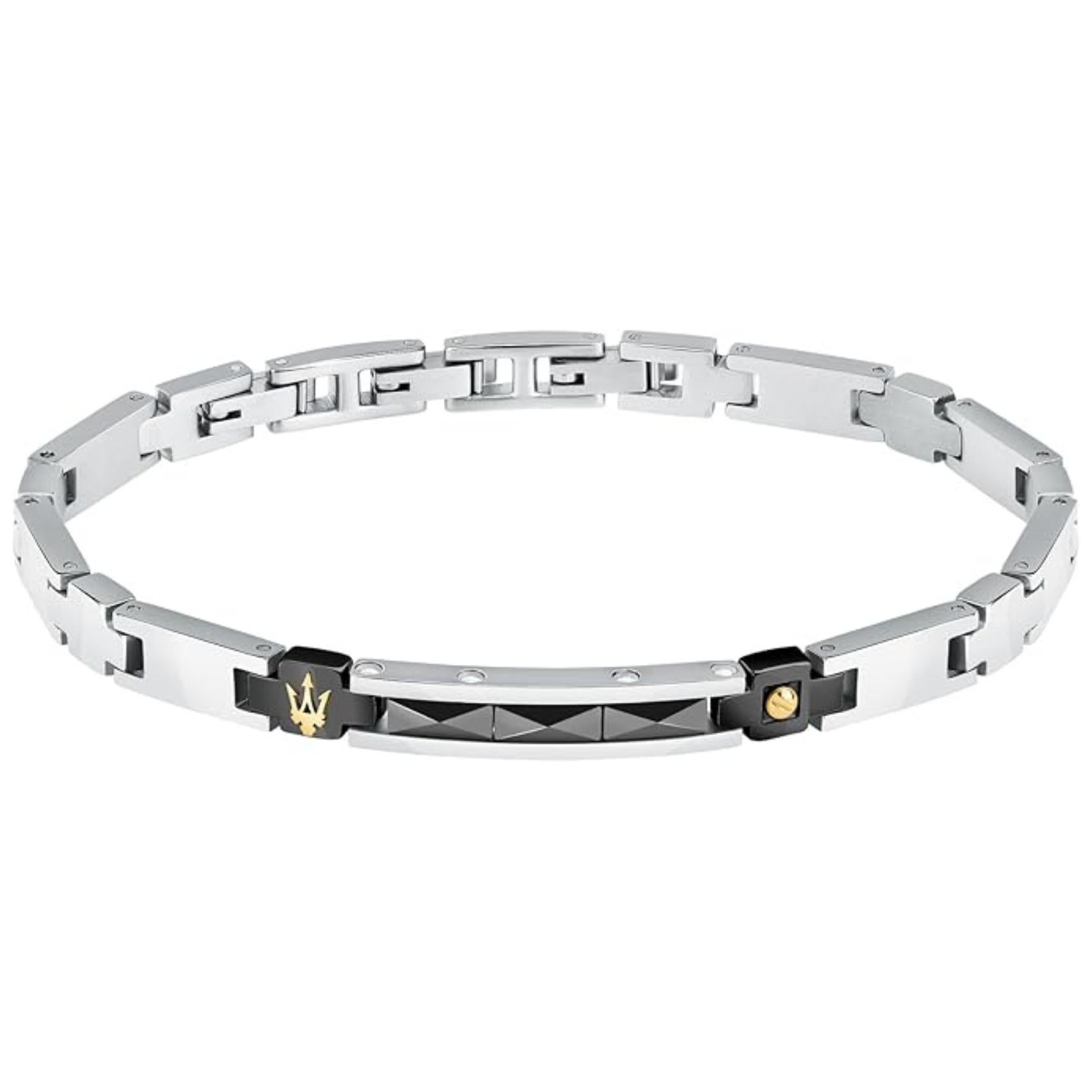 Ανδρικό βραχιόλι Maserati JM224ATZ35 από ανοξείδωτο ατσάλι, με ασημί μπρασελέ και μαύρο στοιχείο με χρυσή τρίαινα.