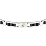 Ανδρικό βραχιόλι Maserati JM225ATZ57 από ανοξείδωτο ατσάλι με δίχρωμο ασημί-μαύρο μπρασελέ, κοντινή λήψη.