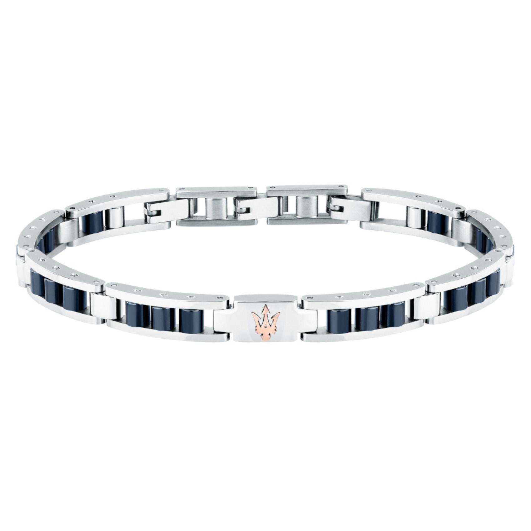 Ανδρικό βραχιόλι Maserati JM225ATZ58 από ανοξείδωτο ατσάλι με ασημί-μπλέ μπρασελέ.