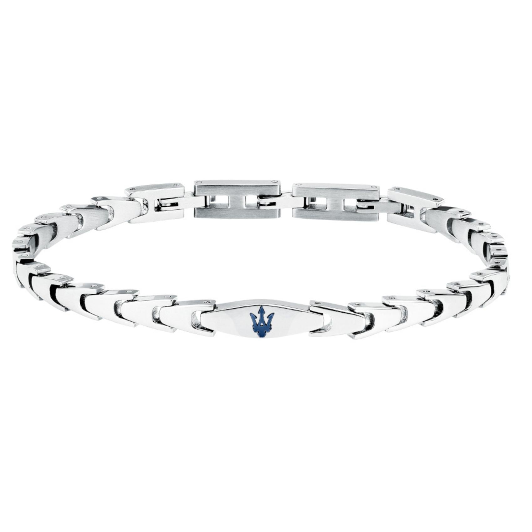 Ανδρικό βραχιόλι Maserati JM225AVD85 από ανοξείδωτο ατσάλι, με ασημί μπρασελέ και μπλε τρίαινα.