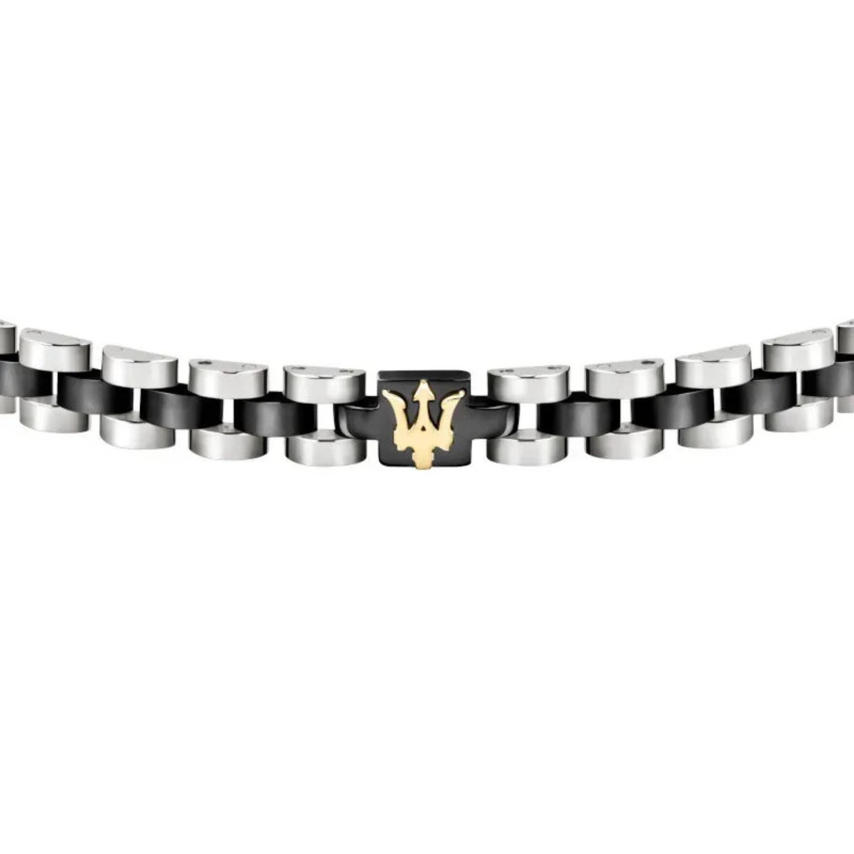 Ανδρικό βραχιόλι Maserati JM320AST08 από ανοξείδωτο ατσάλι, με ασημί-μαύρο μπρασελέ και μαύρο στοιχείο με χρυσή τρίαινα.