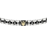 Ανδρικό βραχιόλι Maserati JM320AST08 από ανοξείδωτο ατσάλι, με ασημί-μαύρο μπρασελέ και μαύρο στοιχείο με χρυσή τρίαινα.