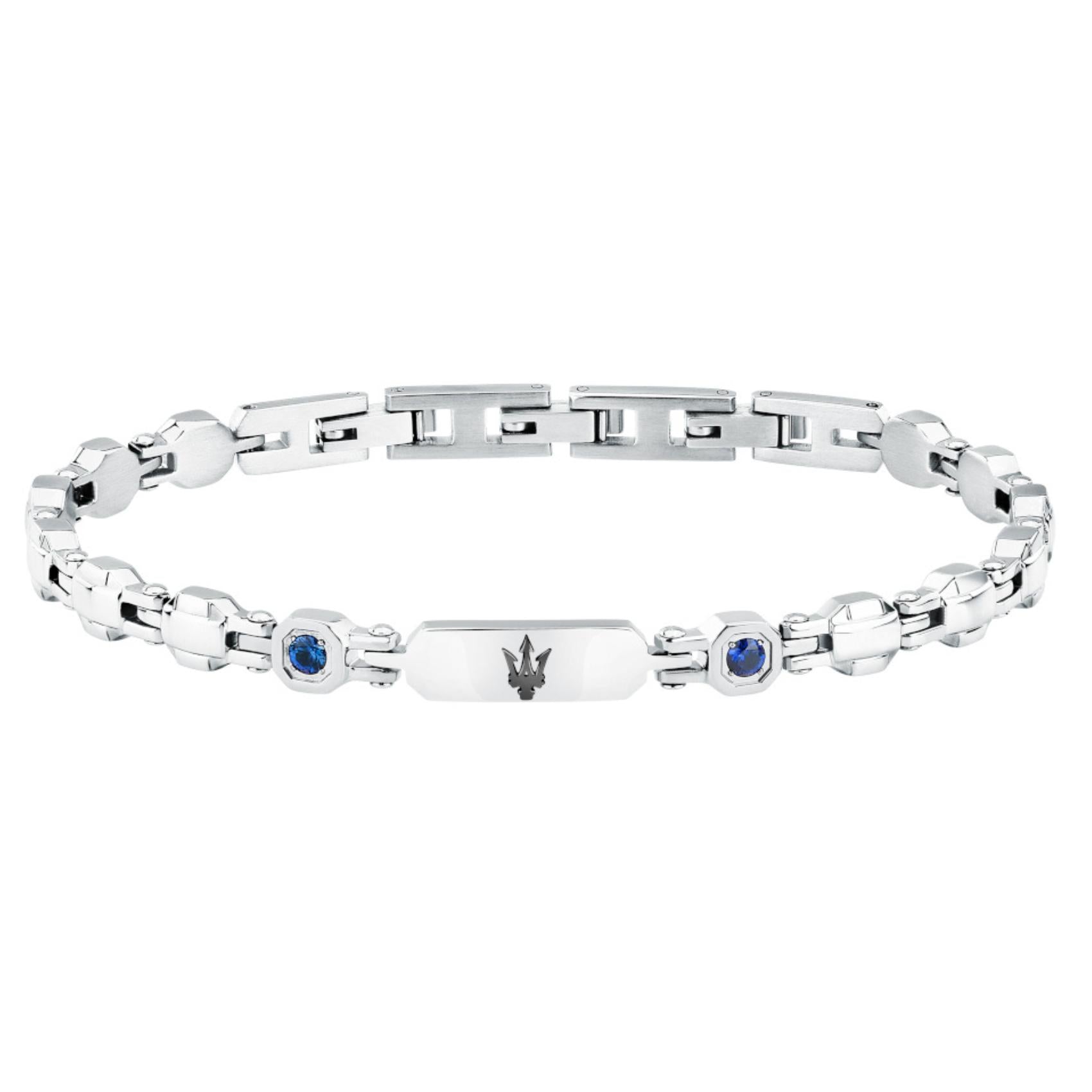 Ανδρικό βραχιόλι ταυτότητα Maserati JM335AXO12 ατσάλινο σε ασημί χρώμα με μαύρη τρίαινα και μπλε ζιργκόν πέτρες.
