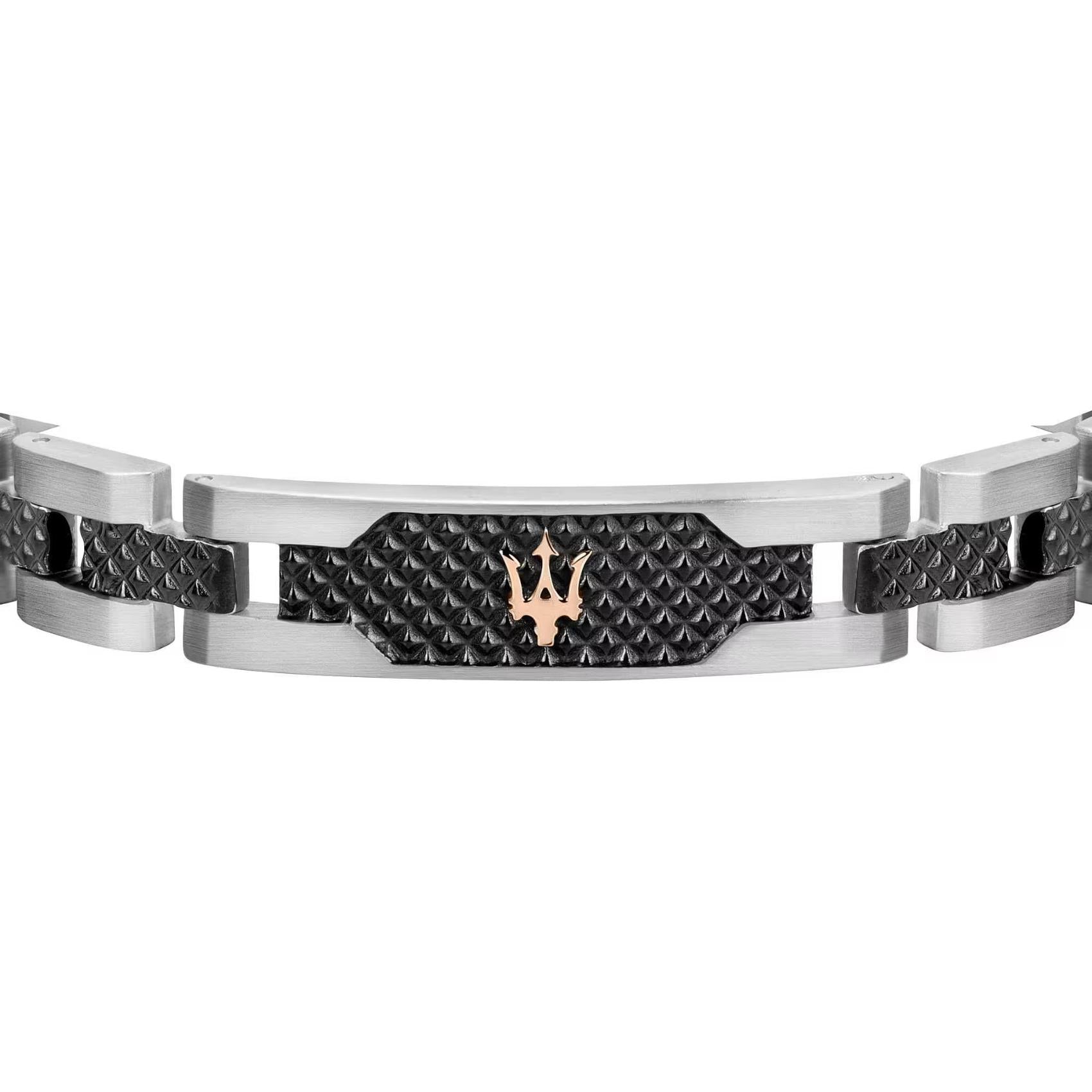 Ανδρικό βραχιόλι Maserati JM419ASC01 από ανοξείδωτο ατσάλι, με ασημί-μαύρο μπρασελέ και χρυσή τρίαινα.