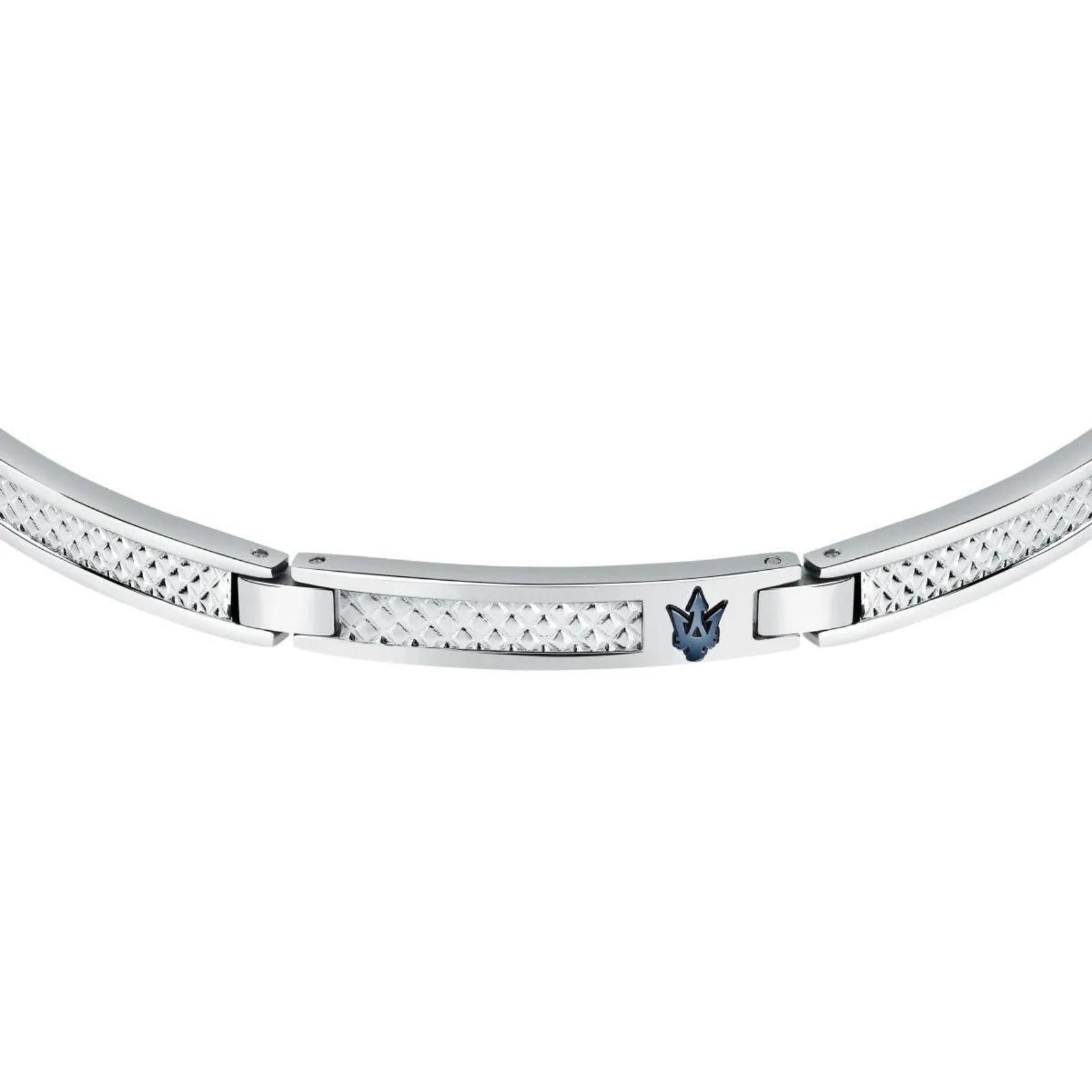 Ανδρικό βραχιόλι Maserati JM423AVD21 από ανοξείδωτο ατσάλι με ασημί μπρασελέ και μπλε τρίαινα.