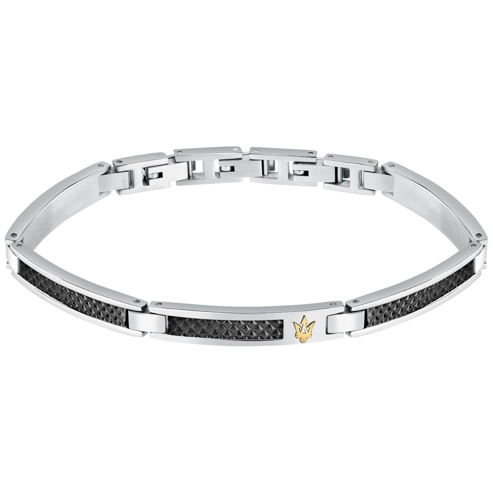 Ανδρικό βραχιόλι Maserati JM423AVD24 από ανοξείδωτο ατσάλι, με ασημί-μαύρο μπρασελέ και χρυσή τρίαινα.