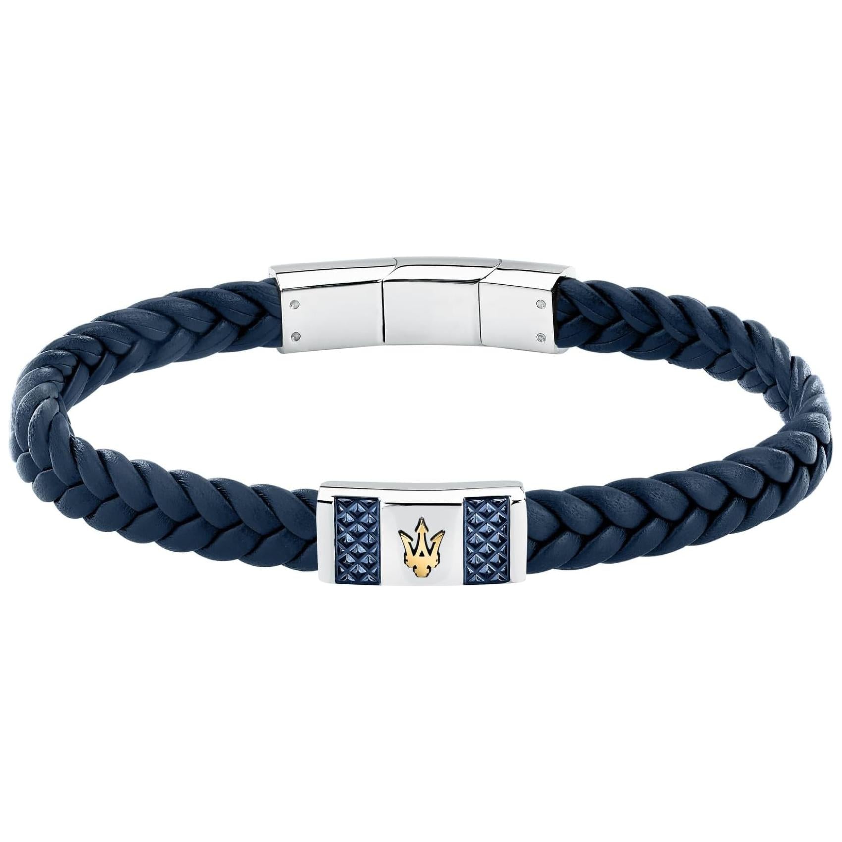 Ανδρικό βραχιόλι Maserati JM4249IK03 από ανακυκλομένο δέρμα σε μπλε χρώμα και ασημί ατσάλινο στοιχείο με χρυσή τρίαινα.