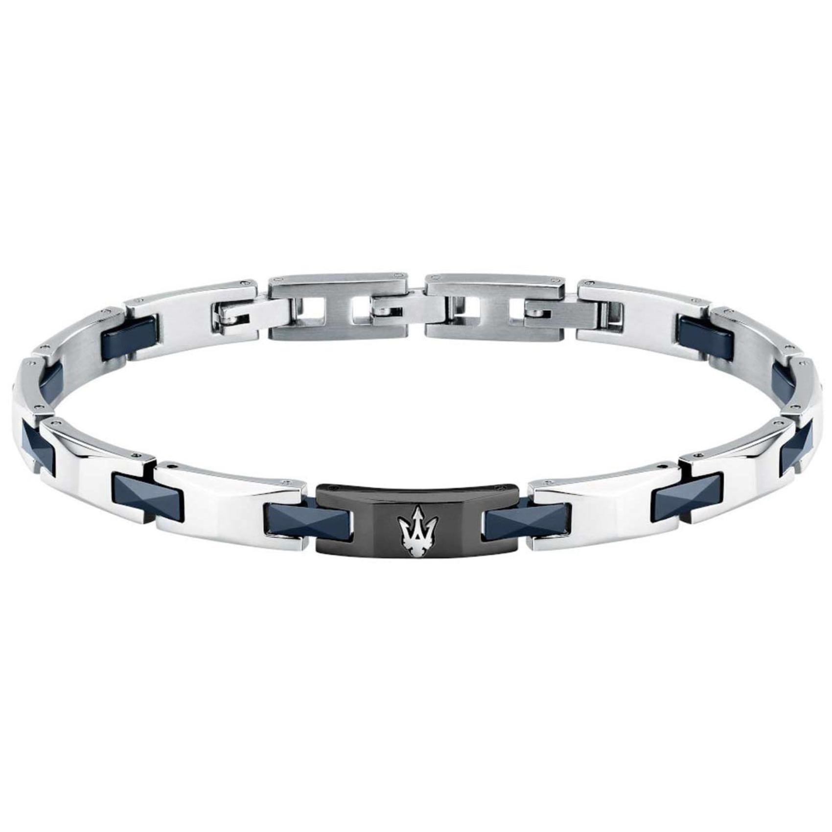 Ανδρικό βραχιόλι Maserati JM424ATZ52 ατσάλινο με κεραμικό, ασημί-μπλε μπρασελέ και μαύρο στοιχείο με ασημί τρίαινα.