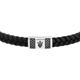 Ανδρικό βραχιόλι Maserati JM424AVE25 από ανακυκλομένο δέρμα σε μαύρο χρώμα και ασημί ατσάλινο στοιχείο με μαύρη τρίαινα.
