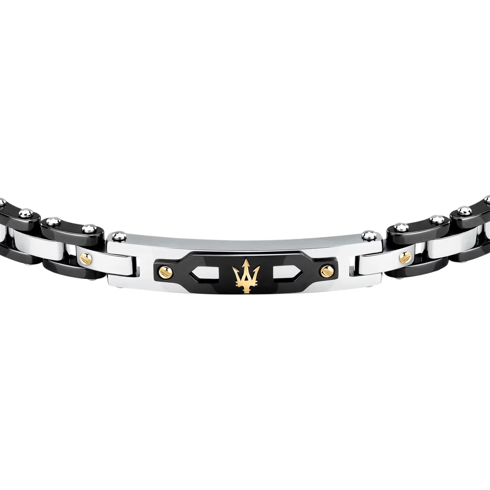 Ανδρικό βραχιόλι Maserati JM424AXU01 από ανοξείδωτο ατσάλι και κεραμικό, με ασημί-μαύρο μπρασελέ και χρυσή τρίαινα.