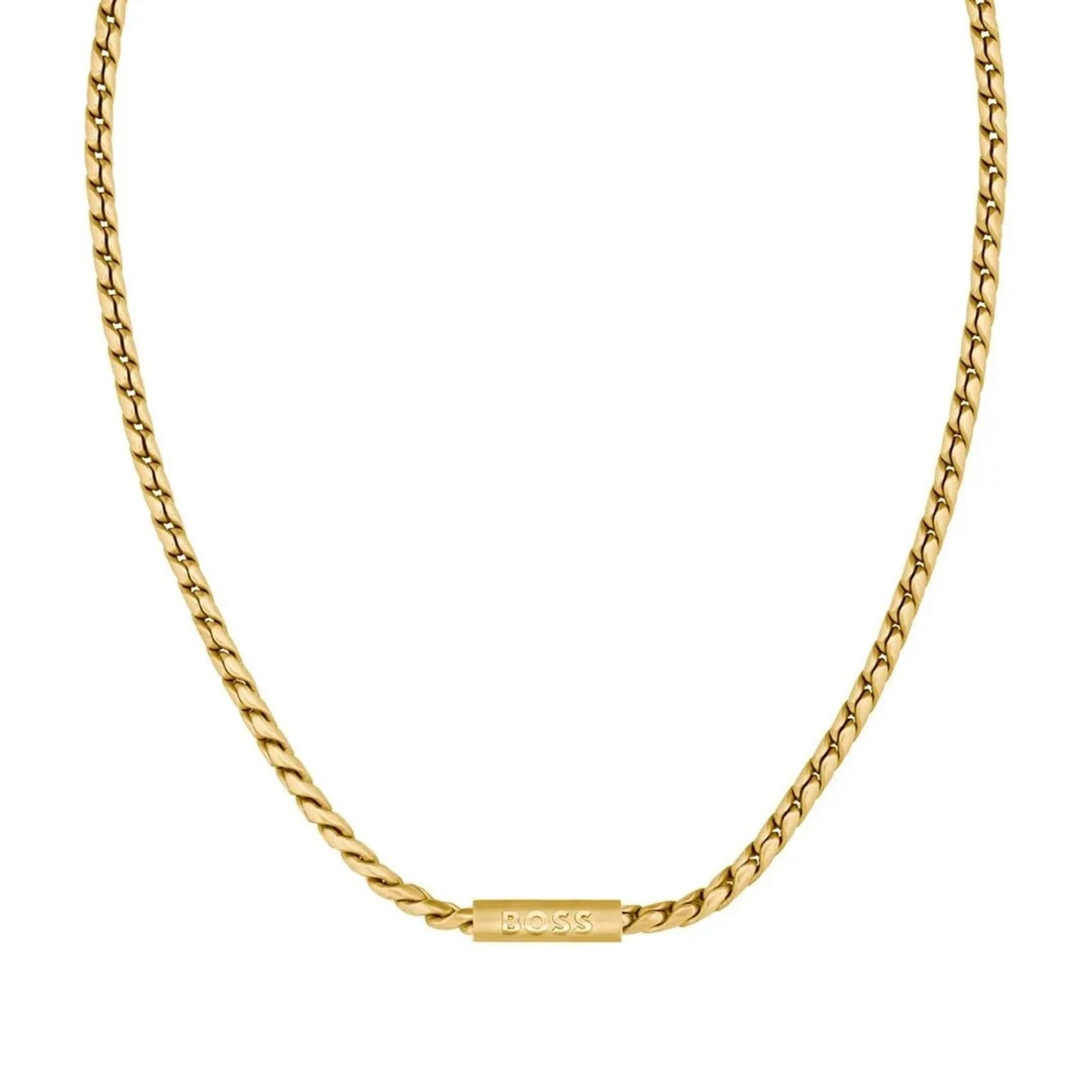 Ανδρικό κολιέ Boss 1580693 αλυσίδα διακοσμημένο με κυλινδρικό στοιχείο κατασκευασμένο από ανοξείδωτο ατσάλι σε χρυσό χρώμα.