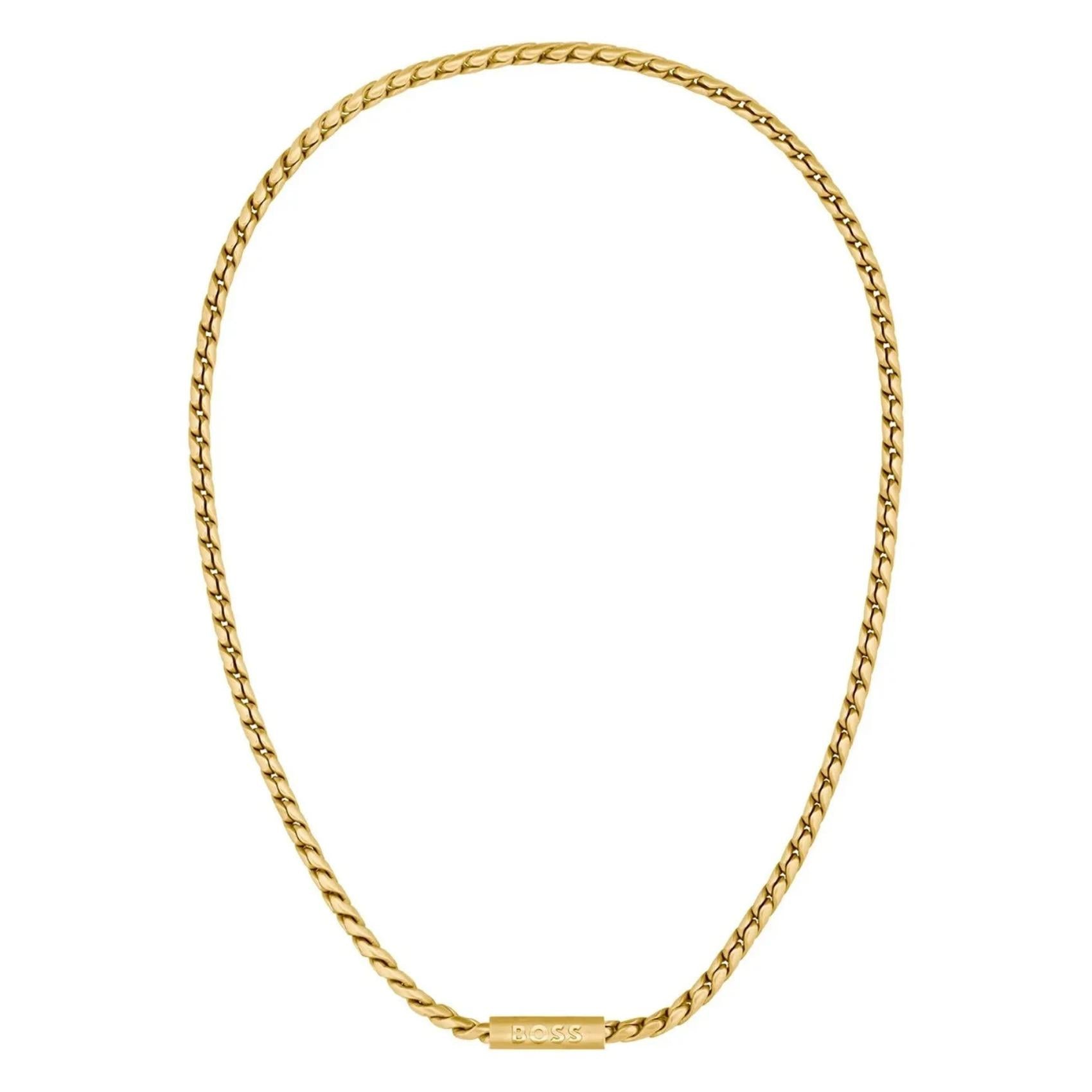 Ανδρικό κολιέ Boss 1580693 αλυσίδα διακοσμημένο με κυλινδρικό στοιχείο από ανοξείδωτο ατσάλι σε χρυσό χρώμα.