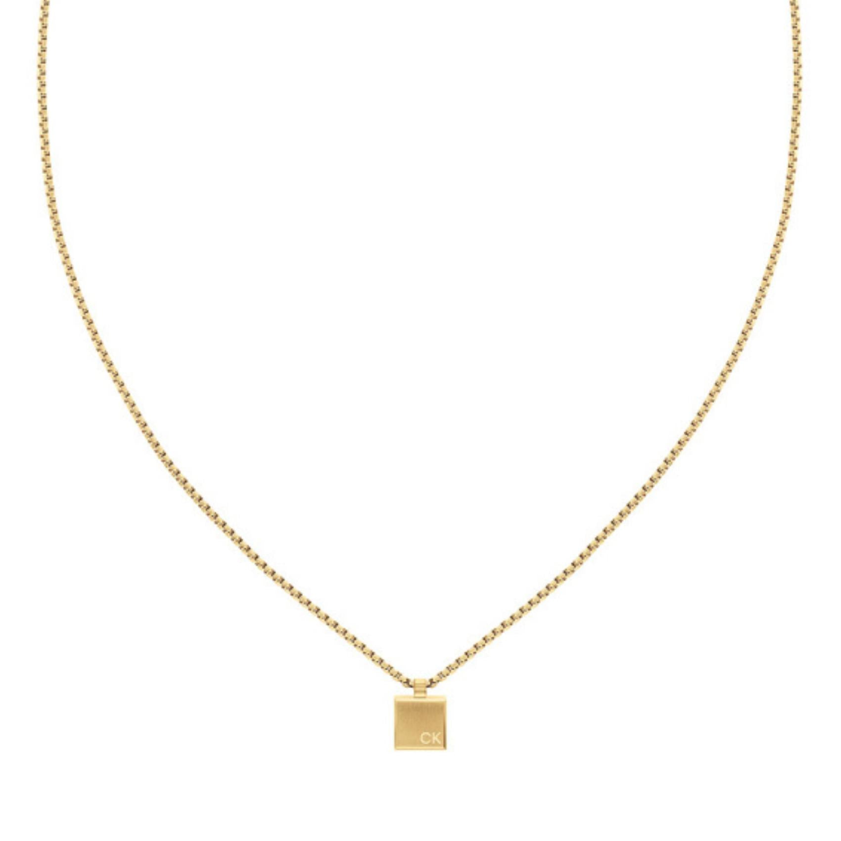 Ανδρικό κολιέ Calvin Klein 35000487 ατσάλινο σε χρυσό χρώμα με τετράγωνο κρεμαστό ασημένιο μοτίφ.