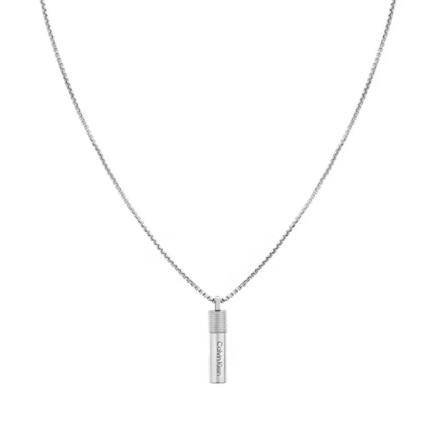 Ανδρικό κολιέ Calvin Klein 35100024 ατσάλινο σε ασημί χρώμα με κυλινδρικό κρεμαστό μοτίφ.