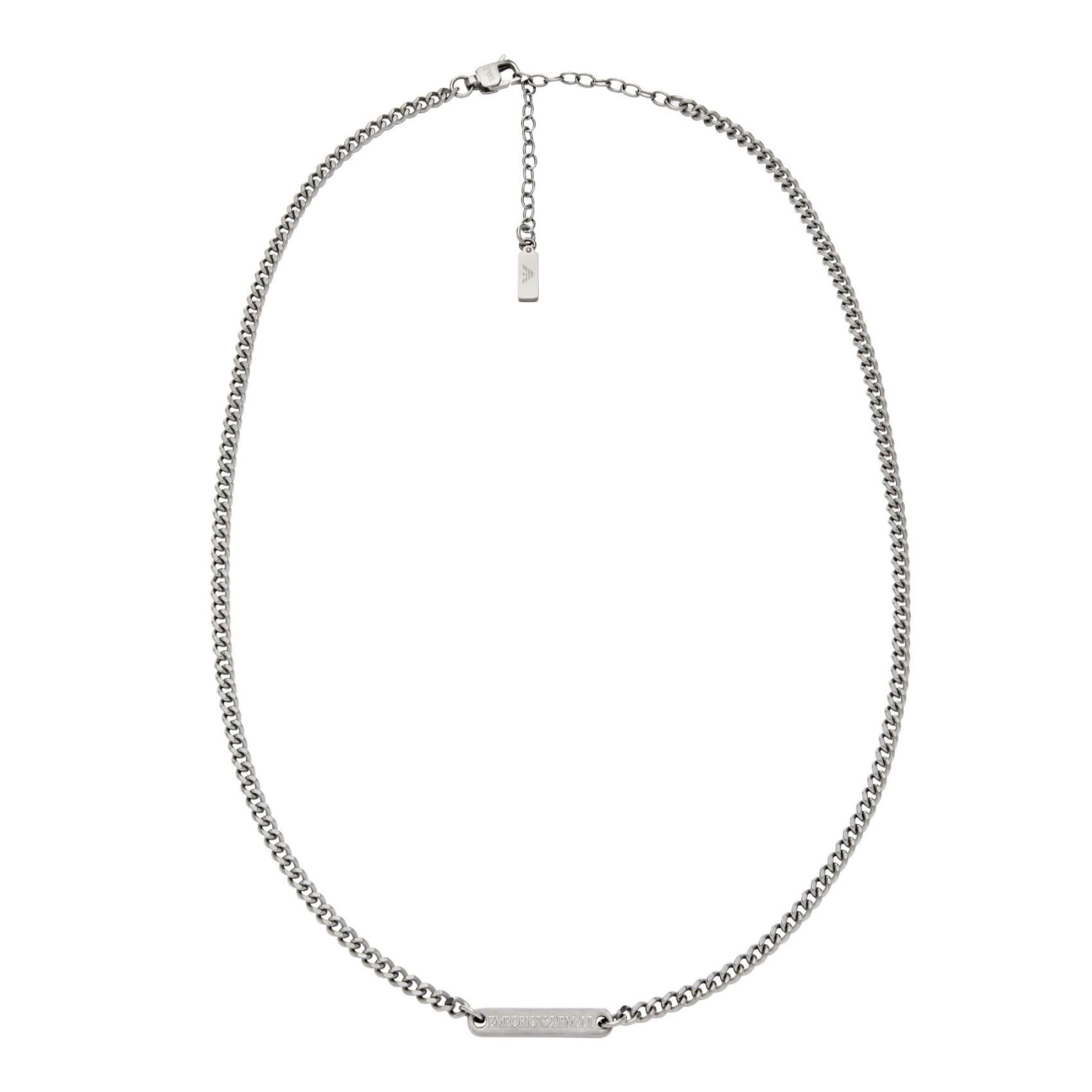 Ανδρικό κολιέ Emporio Armani EGS3188040 ατσάλινο με αλυσίδα και ταυτότητα σε ασημί χρώμα, κοντινό.