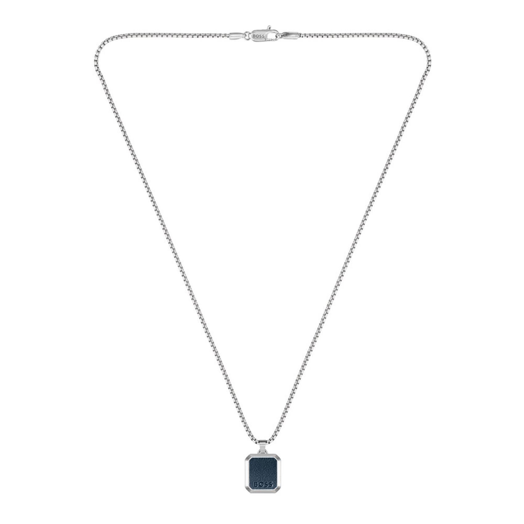 Ανδρικό κολιέ Boss 1580545 ατσάλινο σε ασημί χρώμα με μπλε τετράγωνο κρεμαστό από δέρμα.