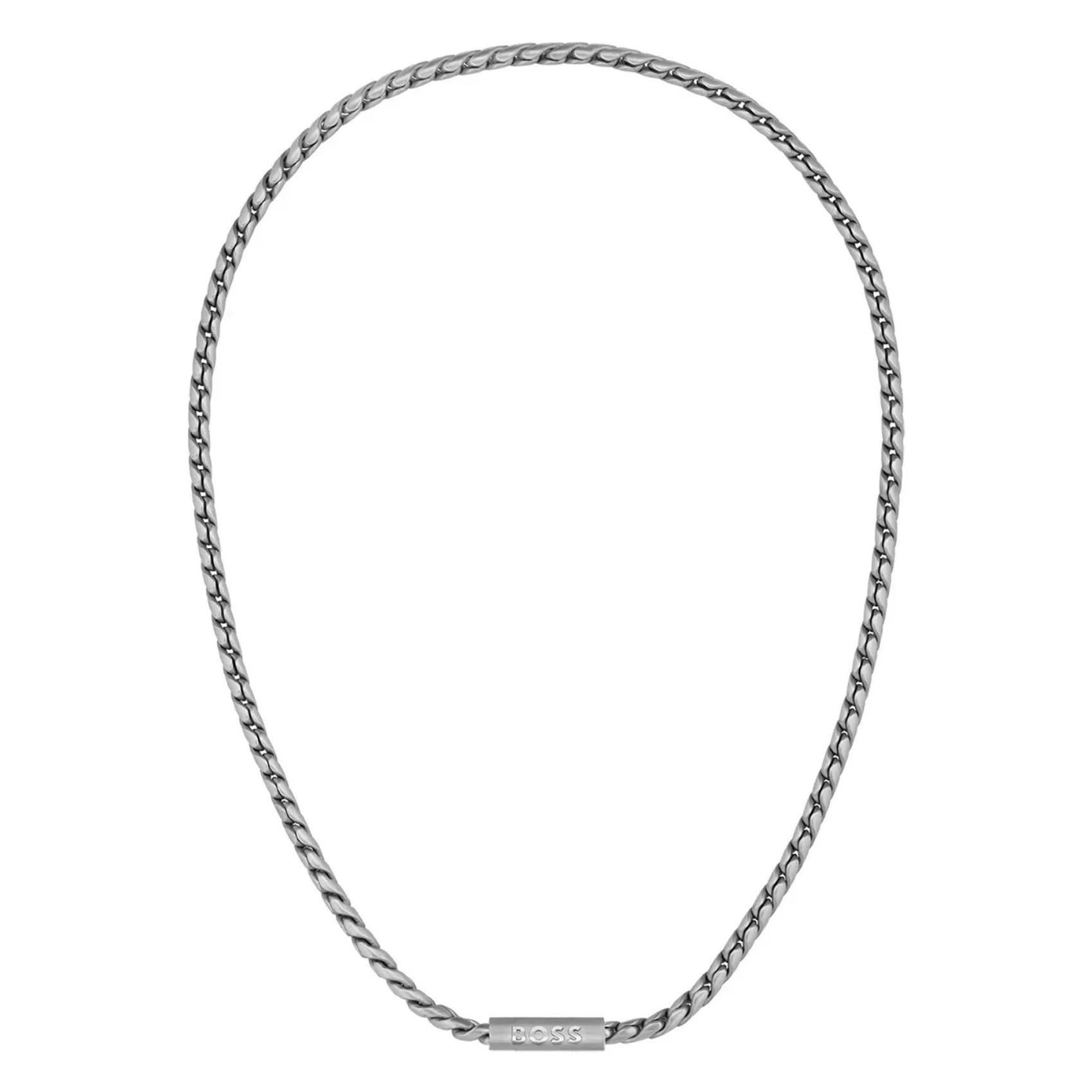 Ανδρικό κολιέ Boss 1580693 αλυσίδα διακοσμημένο με κυλινδρικό στοιχείο κατασκευασμένο από ατσάλι σε ασημί χρώμα.