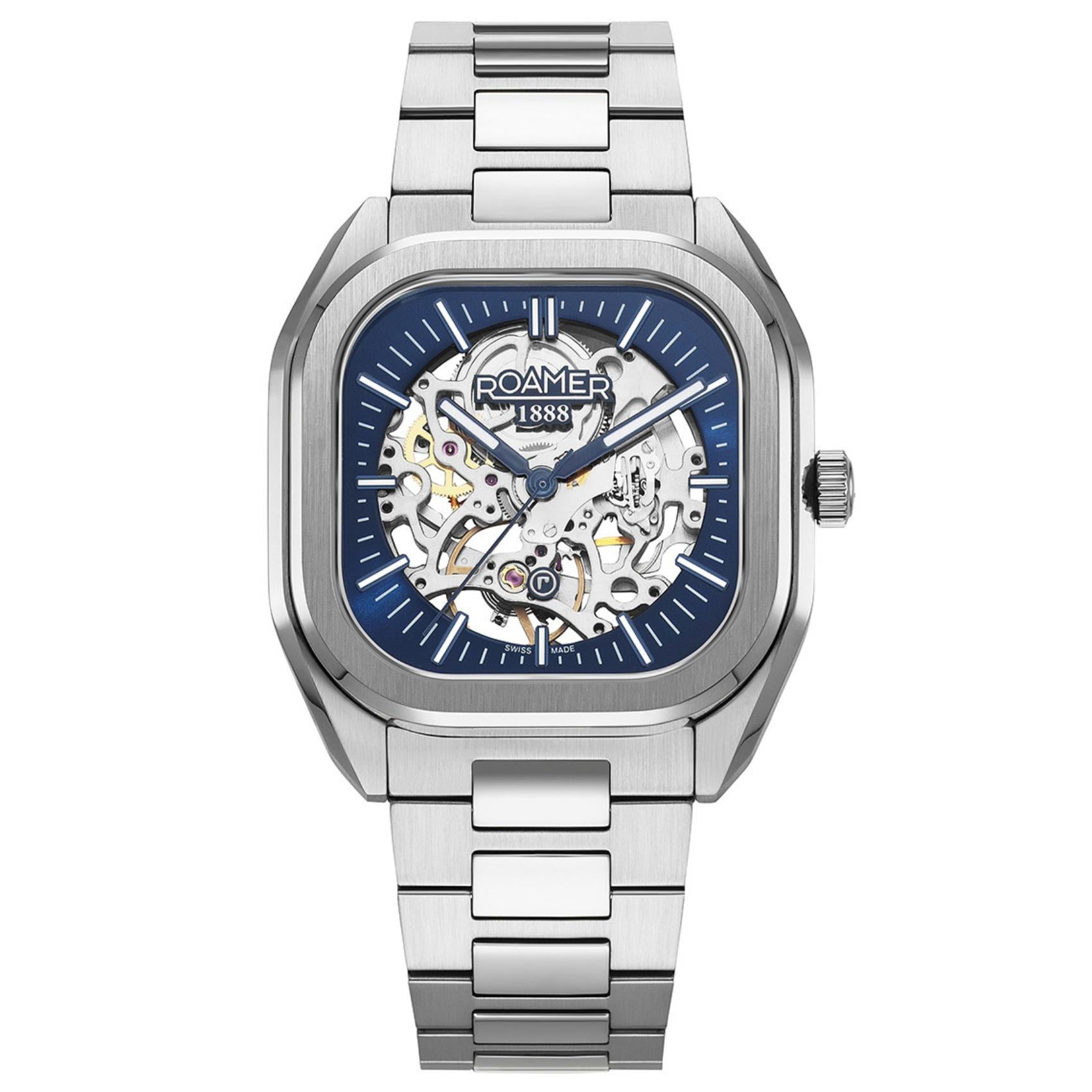 Ανδρικό ρολόι Roamer Mechano 985986-41-45-20 κουρδιστό boxset με ασημί μπρασελέ & μπλε καντράν 39.5mm.