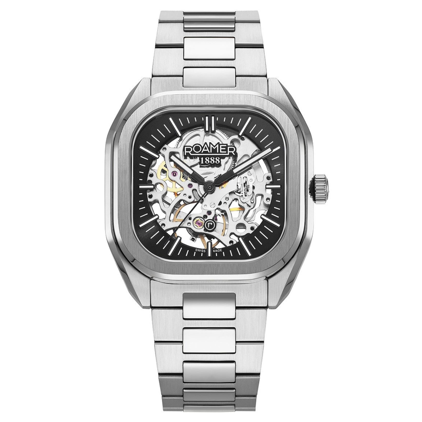 Ανδρικό ρολόι Roamer Mechano 985986-41-45-20 κουρδιστό με ασημί μπρασελέ & μαύρο καντράν διαμέτρου 39.5mm.