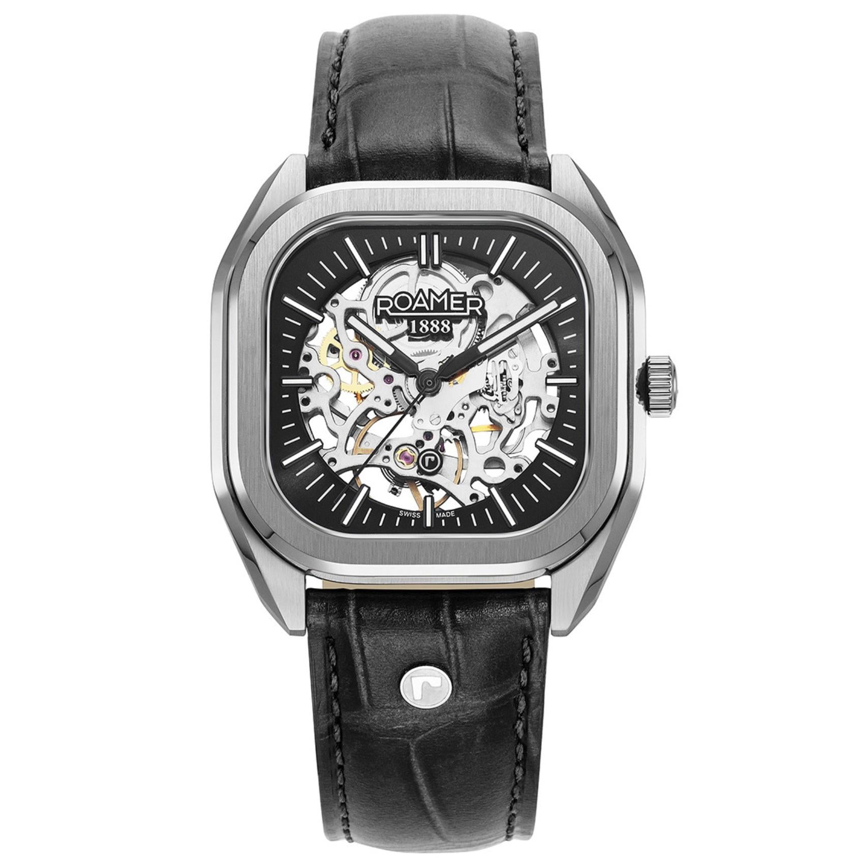 Ανδρικό ρολόι Roamer Mechano 985986-41-45-20 κουρδιστό με μαύρο δερμάτινο & μαύρο καντράν διαμέτρου 39.5mm.