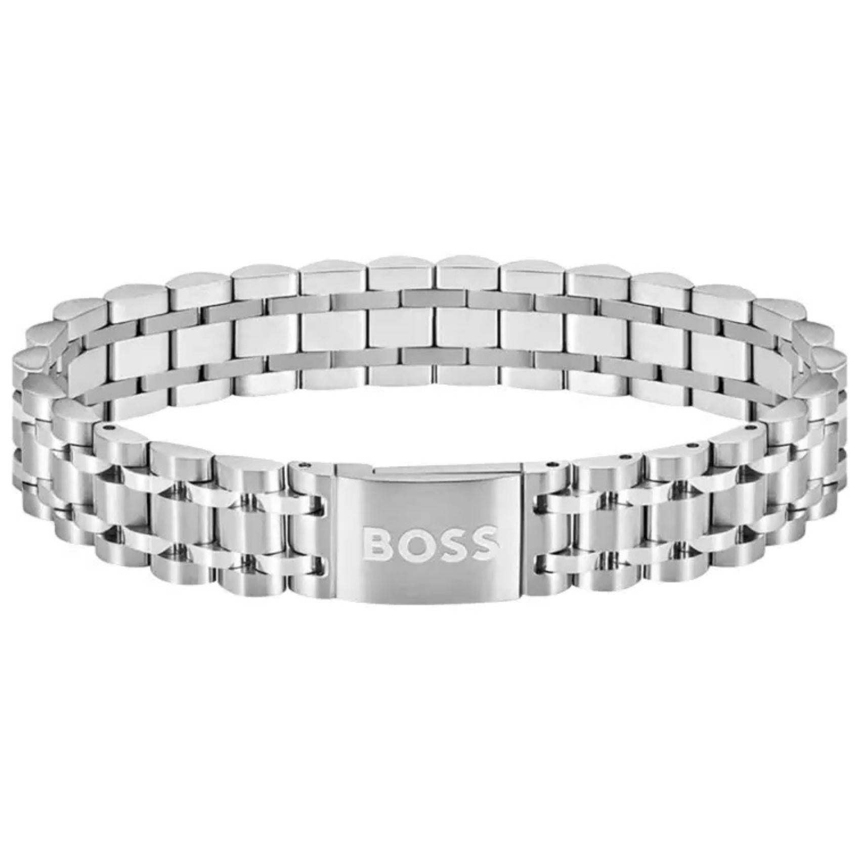Ανδρικό βραχιόλι Boss 1580644 ατσάλινο με ασημί μπρασελέ.