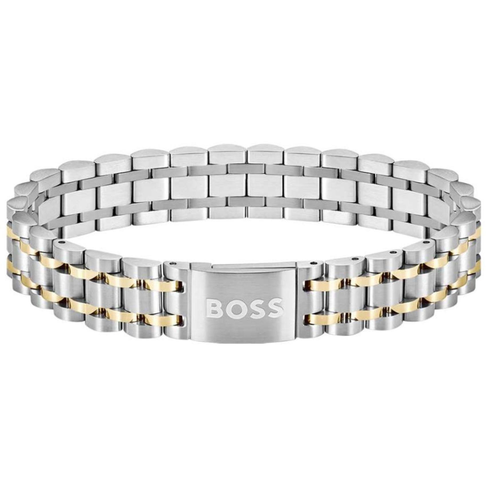 Ανδρικό βραχιόλι Boss 1580647 ατσάλινο δίχρωμο σε ασημί-χρυσό χρώμα.