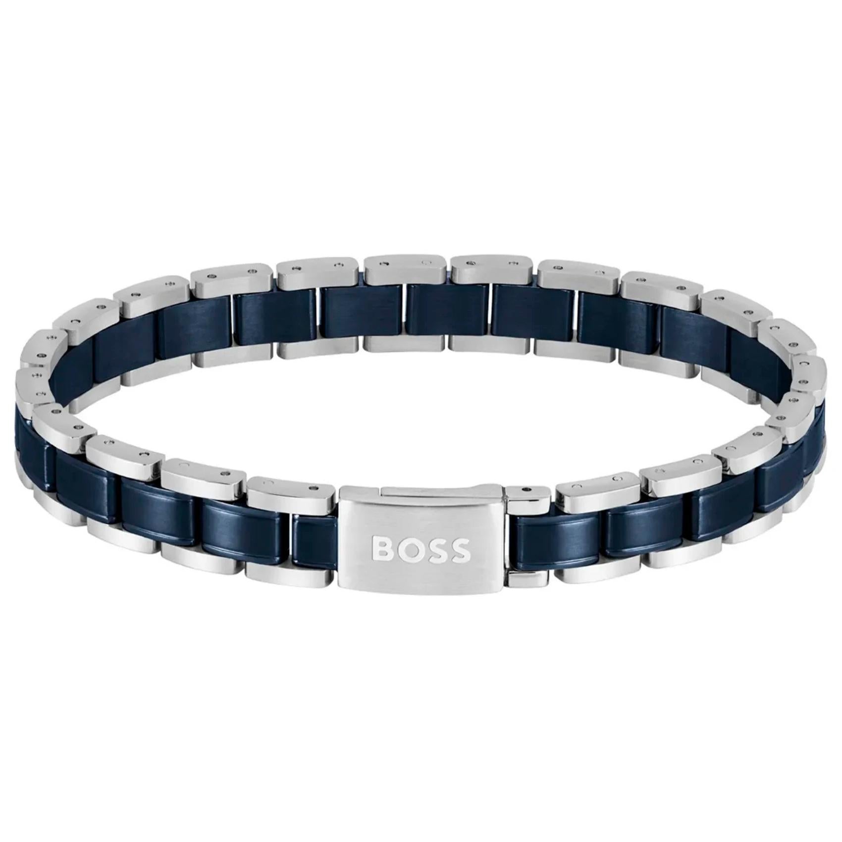 Ανδρικό βραχιόλι Boss 1580664 ατσάλινο με ασημί-μπλε μπρασελέ.