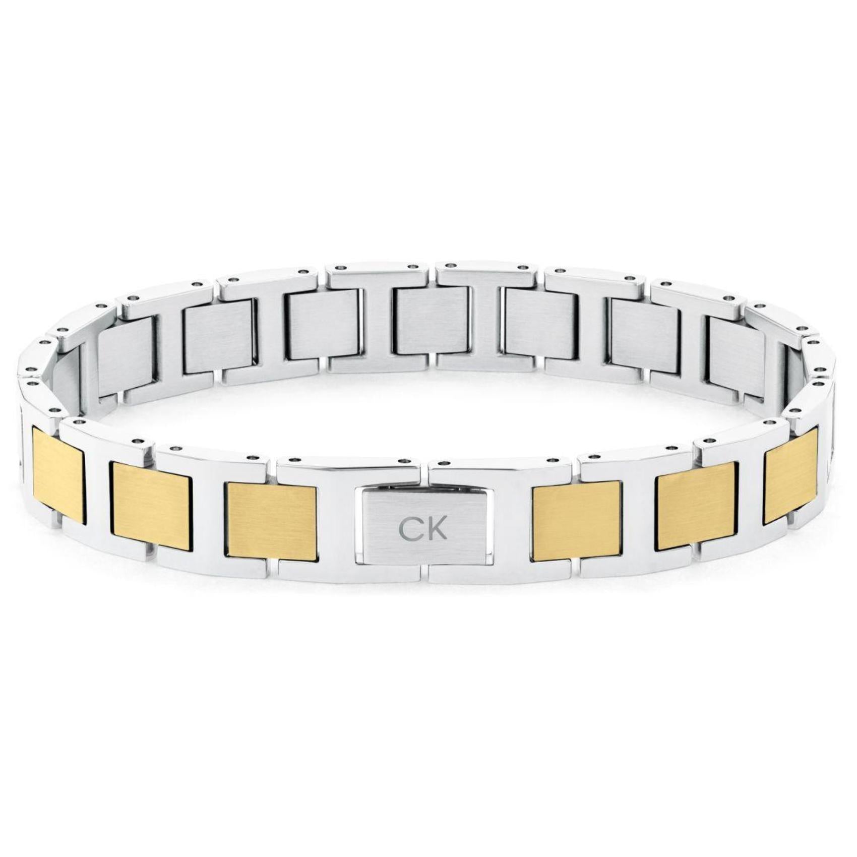 Ανδρικό βραχιόλι ταυτότητα Calvin Klein 35100009 δίχρωμο σε ασημί-χρυσό χρώμα κατασκευασμένο από χειρουργικό ατσάλι σε σχέδιο μπρασελέ.