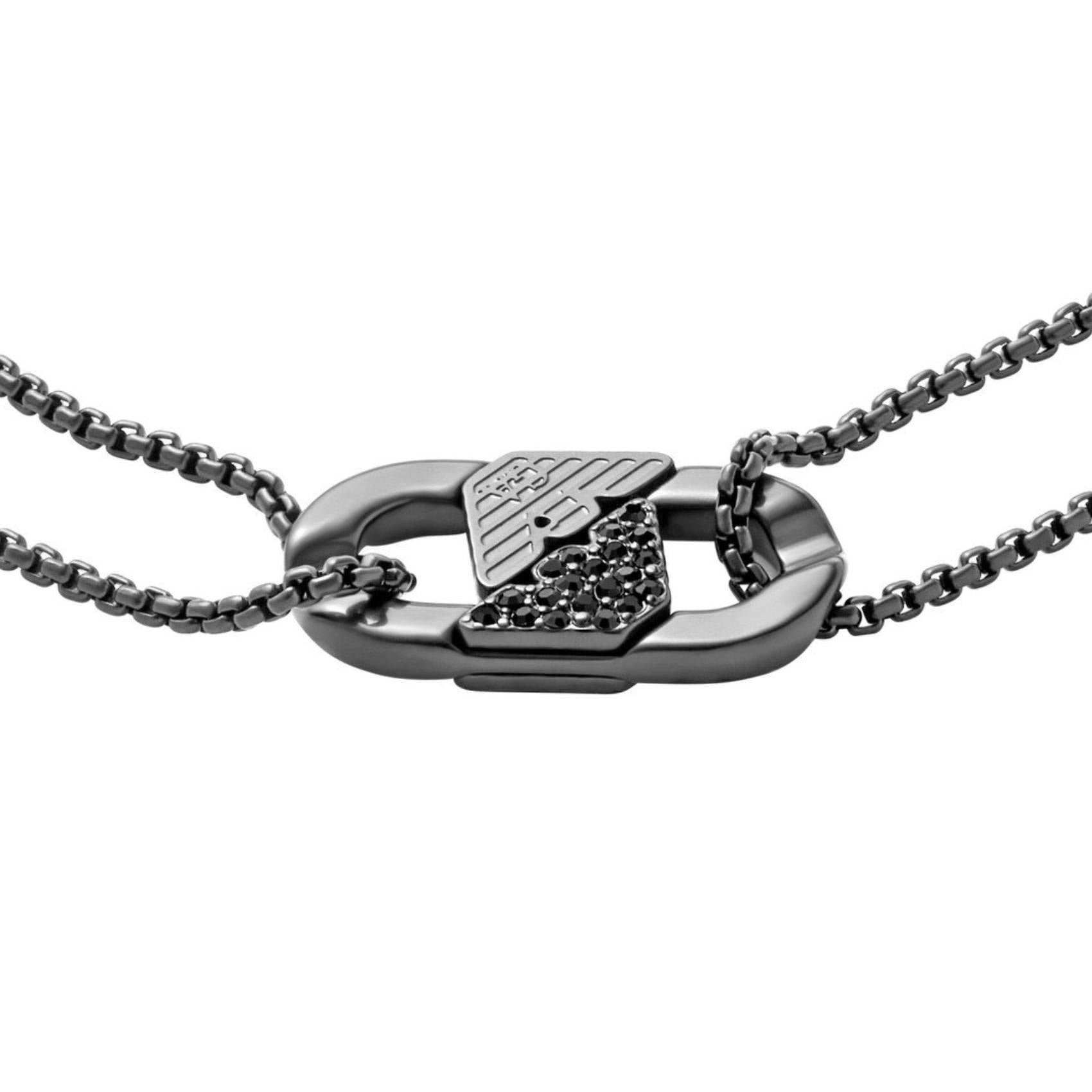 Κούμπωμα από ανδρικό βραχιόλι Emporio Armani EGS3173001 από ανοξείδωτο ατσάλι σε ανθρακί χρώμα με διπλή αλυσίδα και μαύρα ζιργκόν.