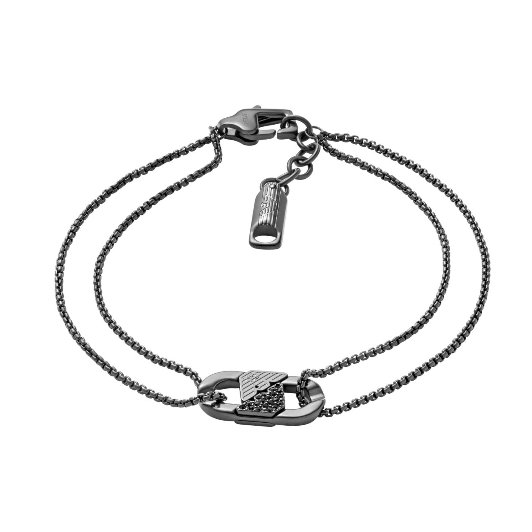 Ανδρικό βραχιόλι Emporio Armani EGS3173001 από ανοξείδωτο ατσάλι σε ανθρακί χρώμα με διπλή αλυσίδα και μαύρα ζιργκόν.