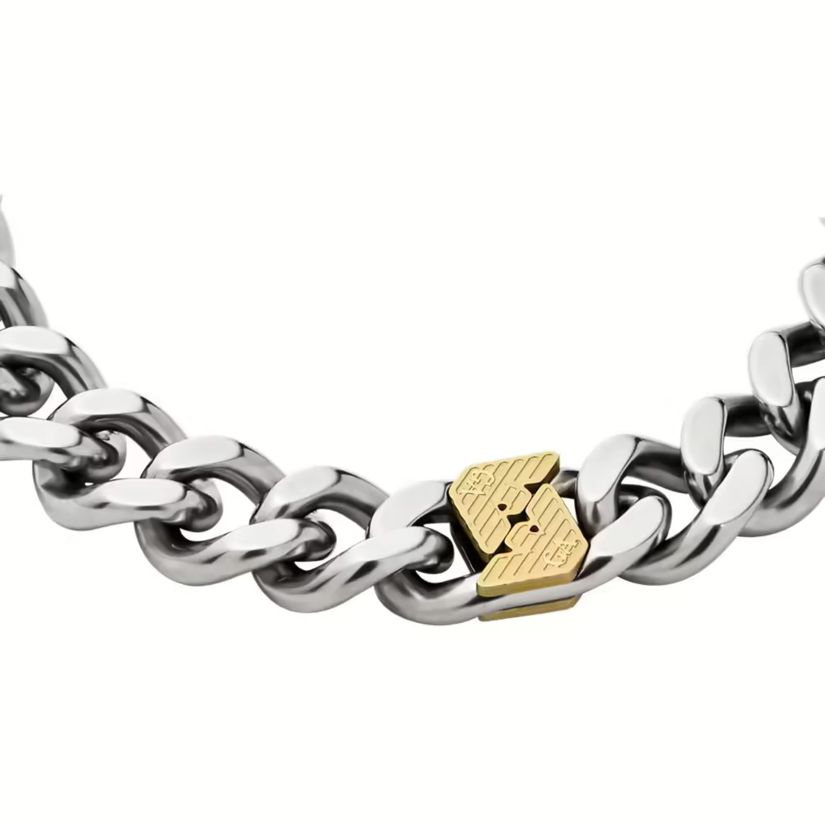 Ανδρικό βραχιόλι Emporio Armani EGS3186040 από ανοξείδωτο ατσάλι σε ασημί χρώμα με κούμπωμα σε χρυσό χρώμα και σχέδιο αλυσίδας, κοντινό
