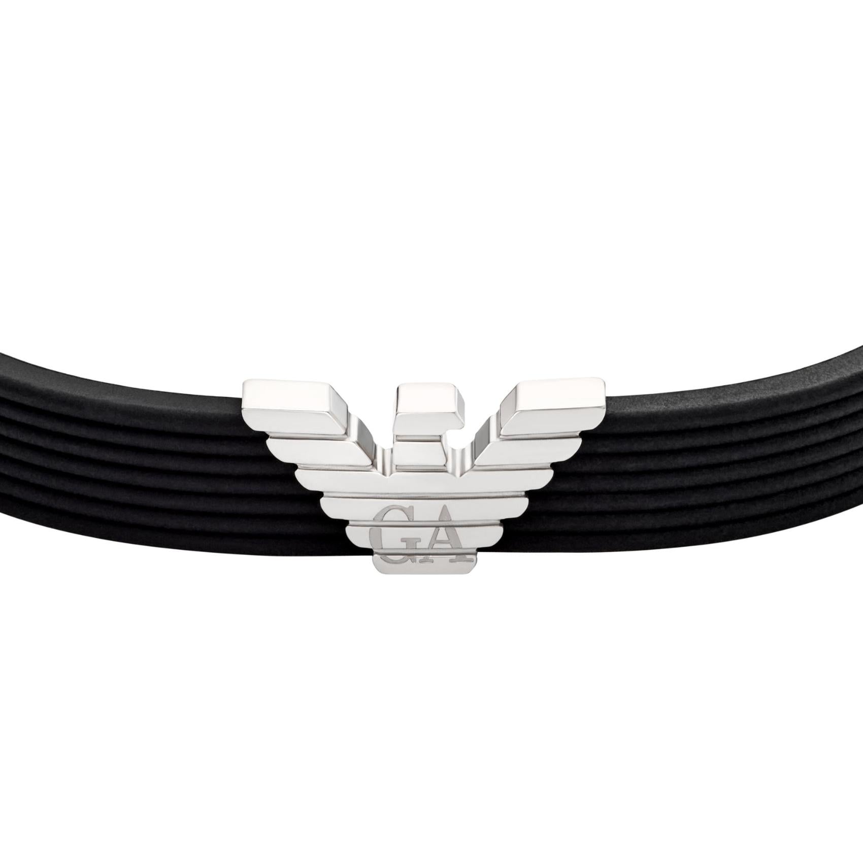 Ανδρικό βραχιόλι Emporio Armani EGS3168040 σιλικόνης σε μαύρο χρώμα με ατσάλινο στοιχείο σε σχήμα V και κούμπωμα σε ασημί χρώμα-κοντινή λήψη.