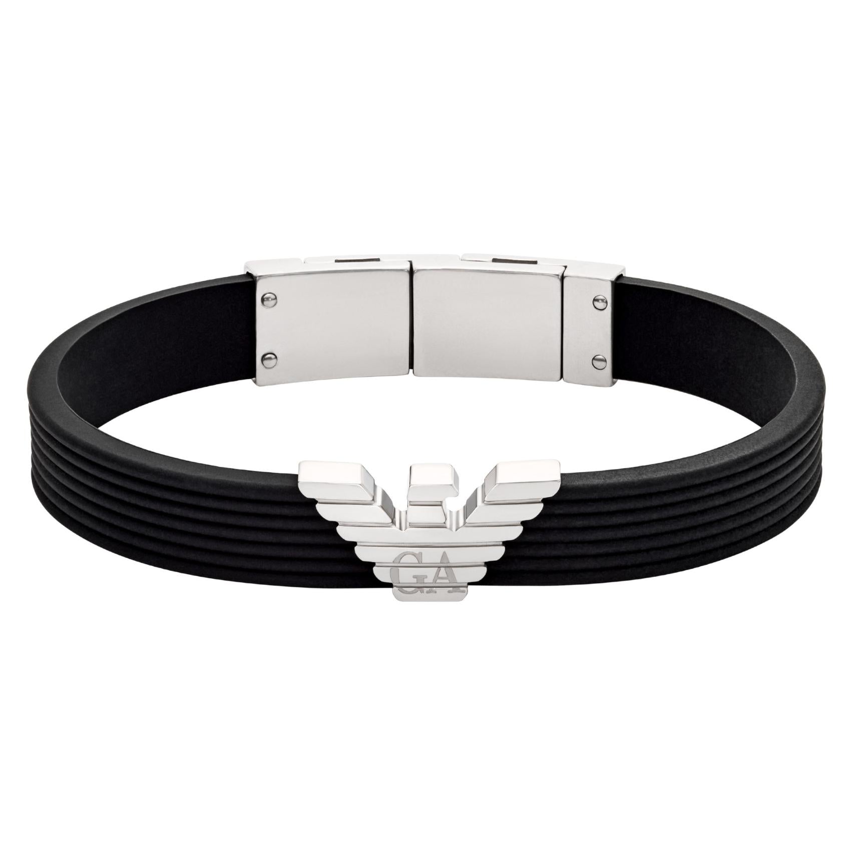 Ανδρικό βραχιόλι Emporio Armani EGS3168040 σιλικόνης σε μαύρο χρώμα με ατσάλινο στοιχείο σε σχήμα V και κούμπωμα σε ασημί χρώμα.