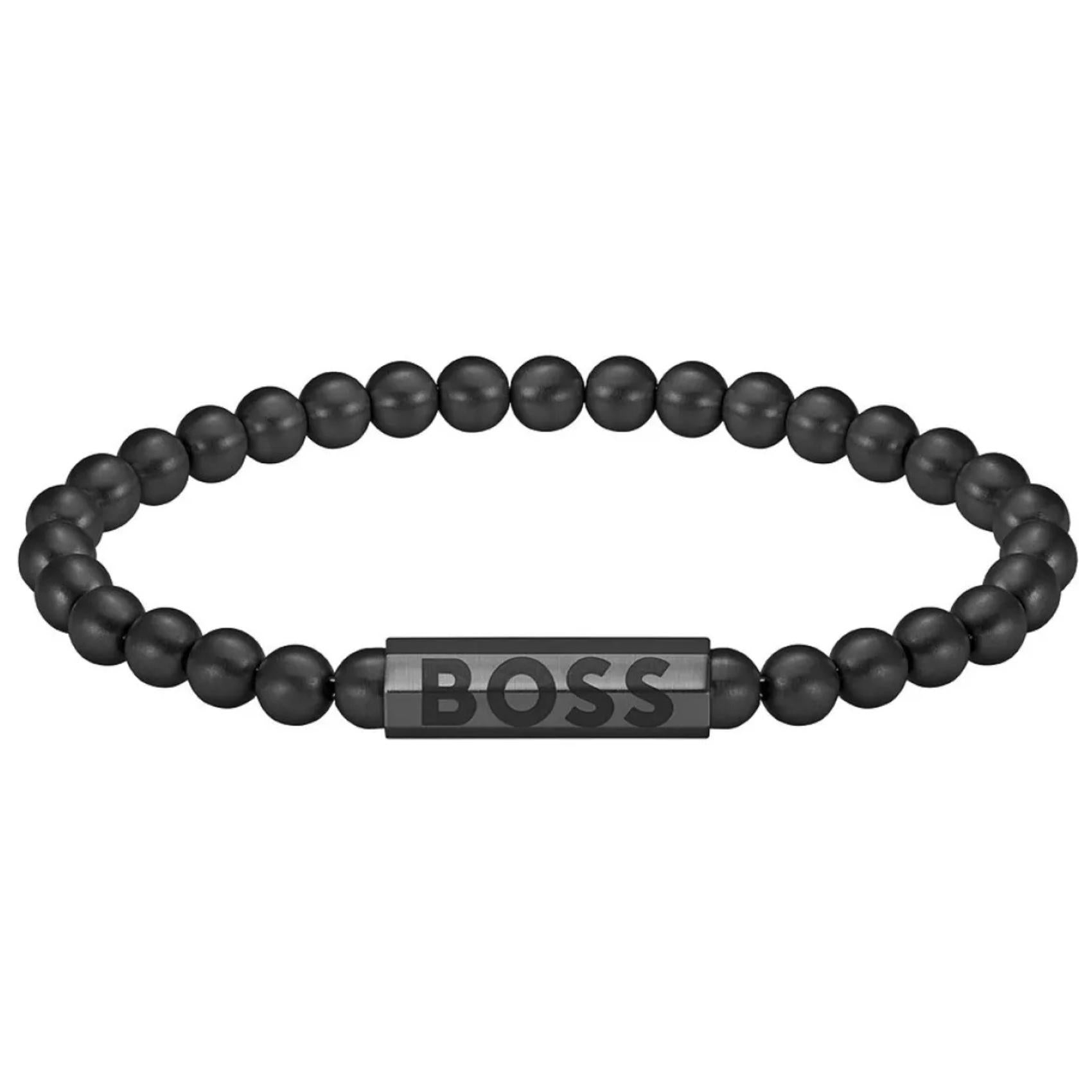 Ανδρικό βραχιόλι Boss 1580659M με μαύρες χάντρες, διακοσμημένο με μαύρο κυλινδρικό στοιχείο από ανοξείδωτο ατσάλι.