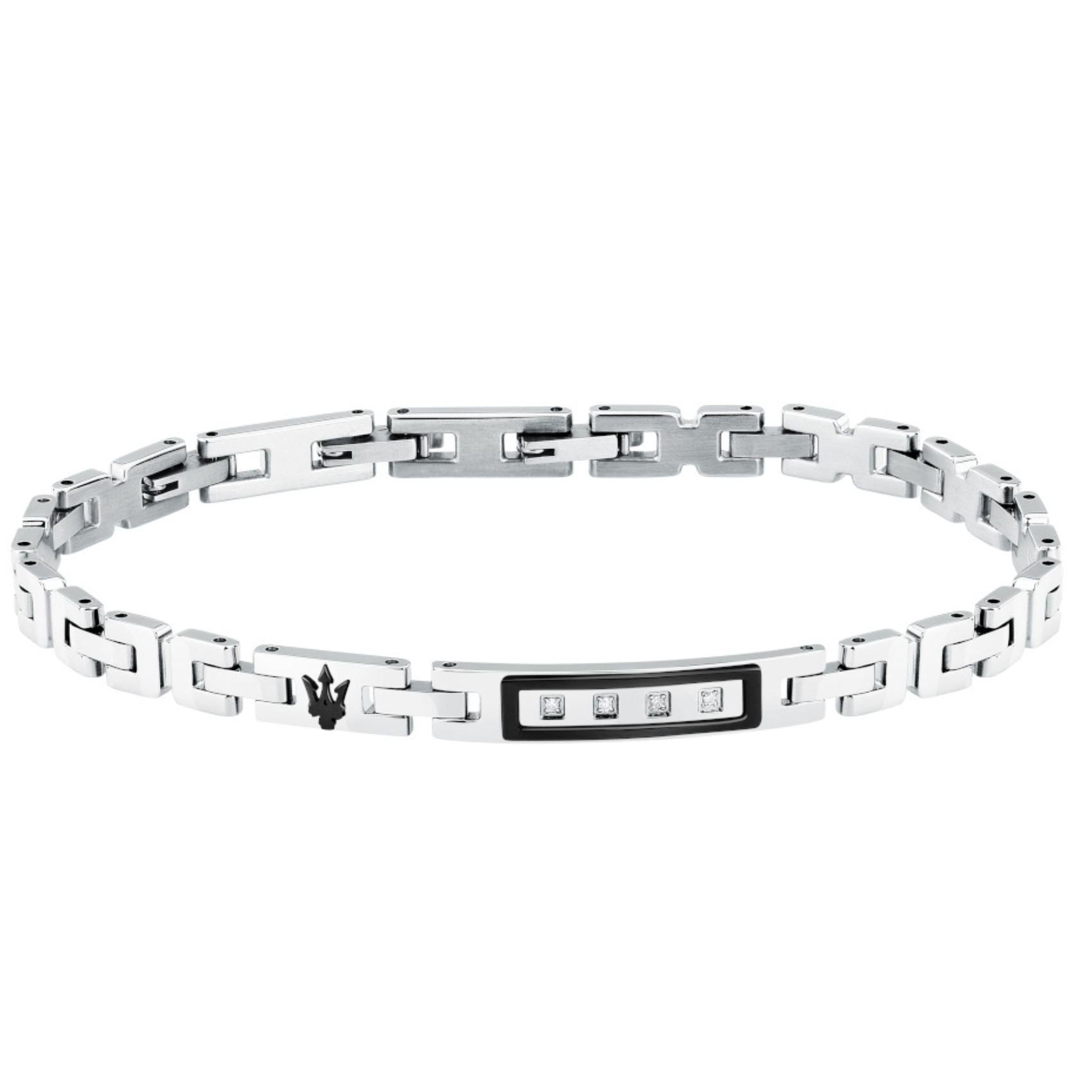 Ανδρικό βραχιόλι Maserati Diamonds JM125ATY21 ασημί ατσάλινο με μαύρο κεραμικό, διαμαντάκια και μάυρη τρίαινα.