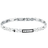 Ανδρικό βραχιόλι Maserati Diamonds JM125ATY21 ασημί ατσάλινο με μαύρο κεραμικό, διαμαντάκια και μάυρη τρίαινα.