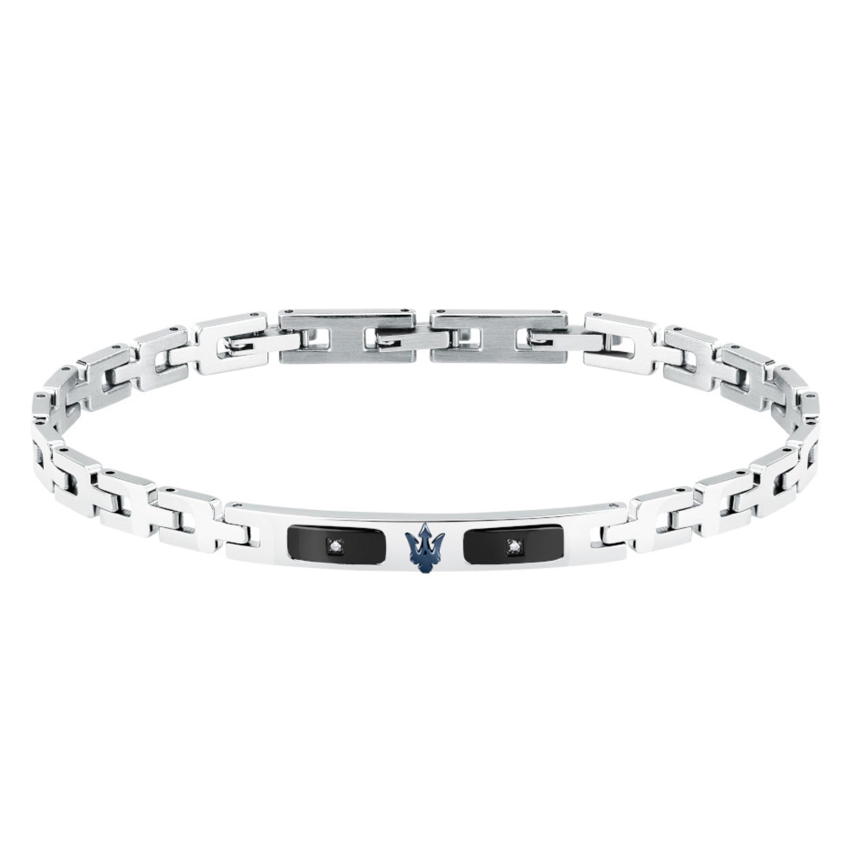 Ανδρικό βραχιόλι Maserati Diamonds JM125ATY24 από ανοξείδωτο ατσάλι και κεραμικό, ασημί-μαύρο με διαμαντάκια και μπλε τρίαινα.