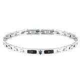 Ανδρικό βραχιόλι Maserati Diamonds JM125ATY24 από ανοξείδωτο ατσάλι και κεραμικό, ασημί-μαύρο με διαμαντάκια και μπλε τρίαινα.