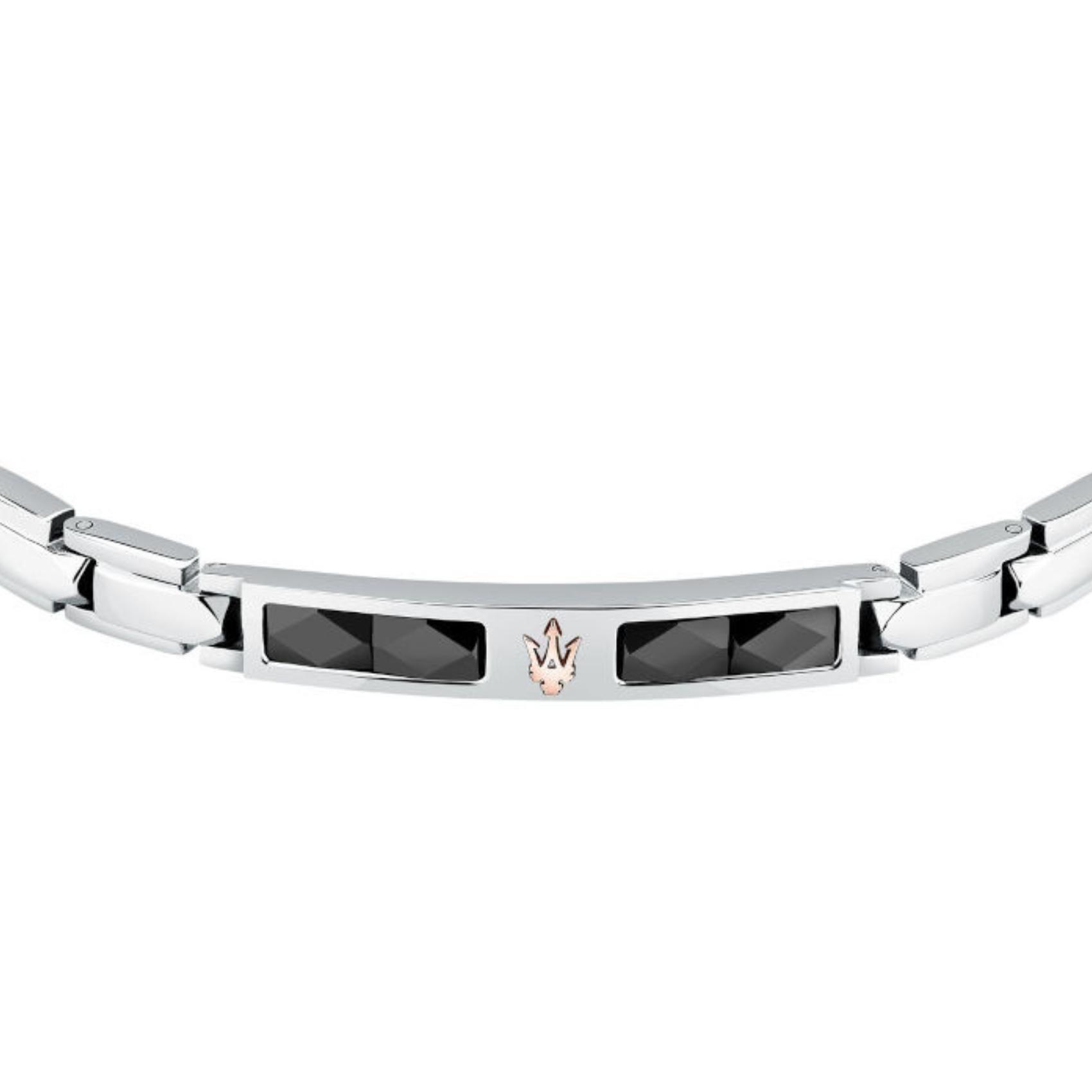 Ανδρικό βραχιόλι Maserati Diamonds JM224ATZ40 από ανοξείδωτο ατσάλι και κεραμικό, ασημί-μαύρο και ροζ χρυσή τρίαινα, κοντινή λήψη.