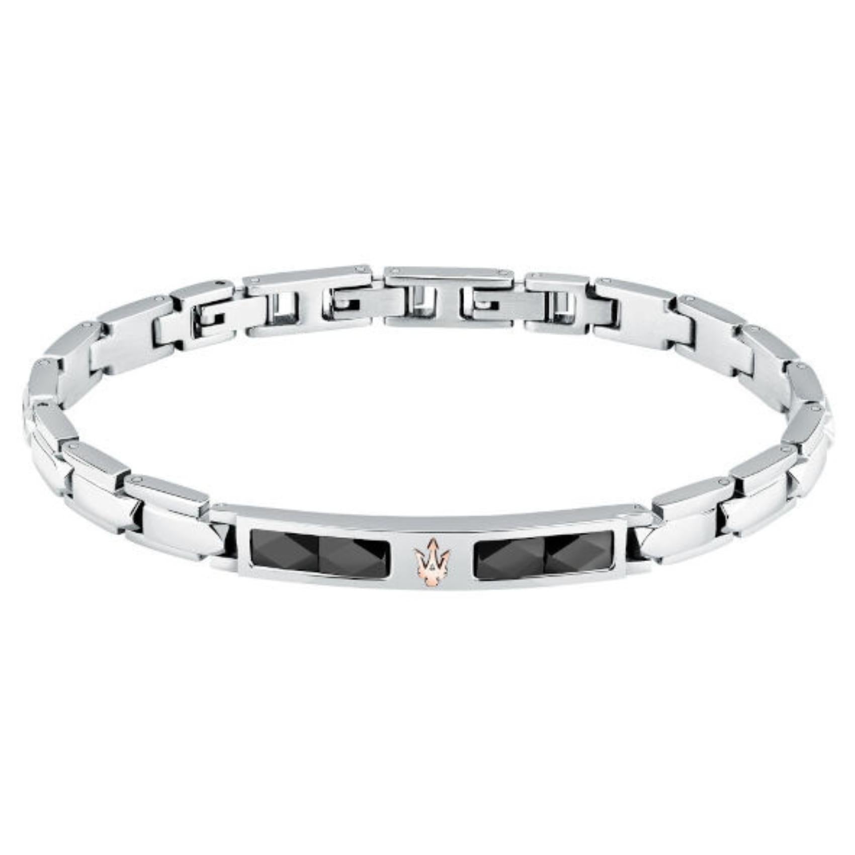 Ανδρικό βραχιόλι Maserati Diamonds JM224ATZ40 από ανοξείδωτο ατσάλι και κεραμικό, ασημί-μαύρο και ροζ χρυσή τρίαινα.