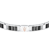 Ανδρικό βραχιόλι Maserati Diamonds JM225ATZ53 από ανοξείδωτο ατσάλι και κεραμικό, ασημί-μαύρο και ροζ χρυσή τρίαινα, κοντινή λήψη.