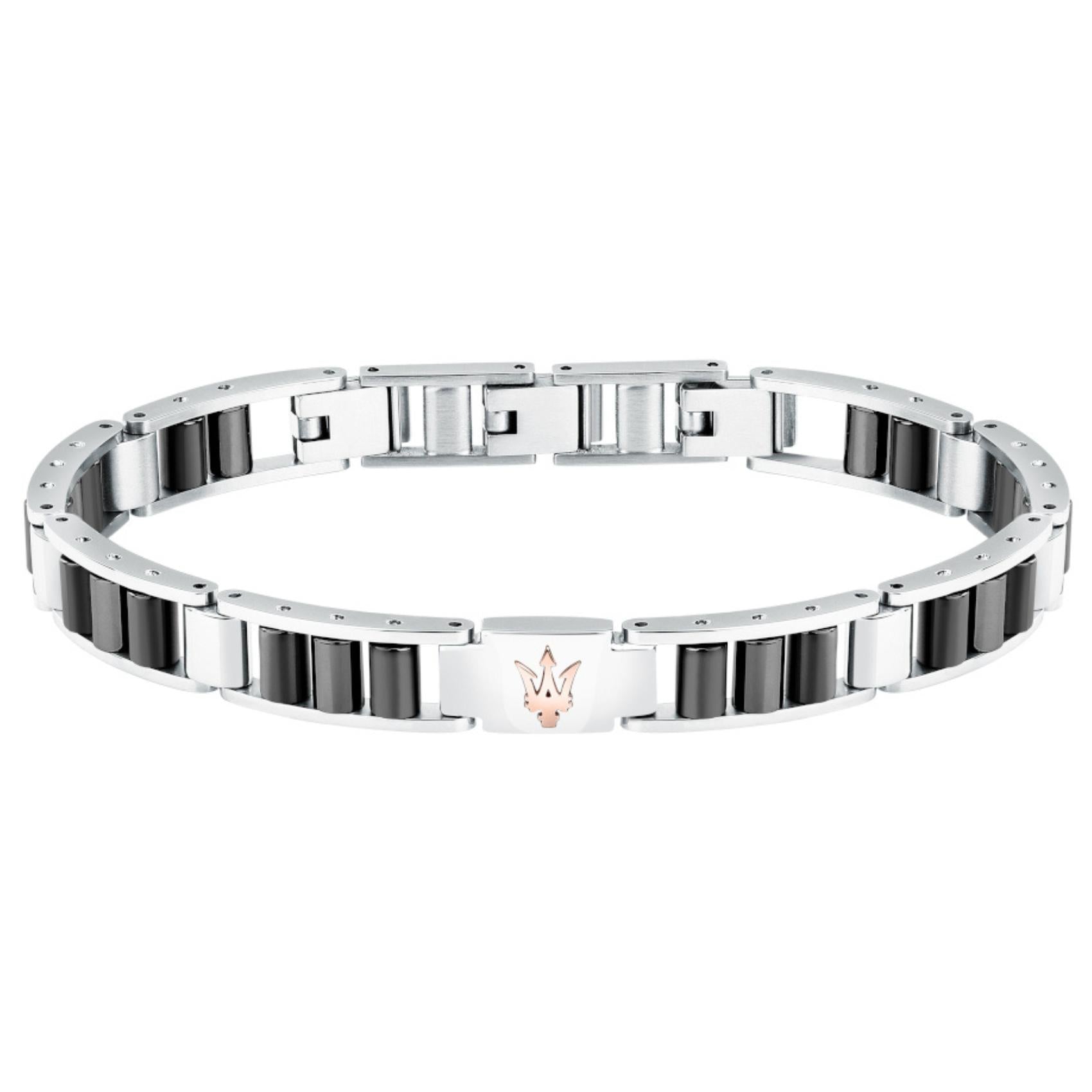 Ανδρικό βραχιόλι Maserati Diamonds JM225ATZ53 από ανοξείδωτο ατσάλι και κεραμικό, ασημί-μαύρο και ροζ χρυσή τρίαινα.